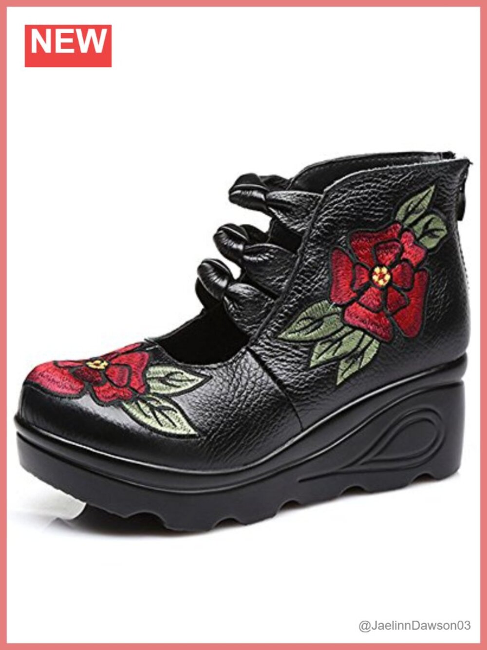 Women's Leather Mary Jane Wedge Pumps Mid Heel Zipper Closure Round Toe